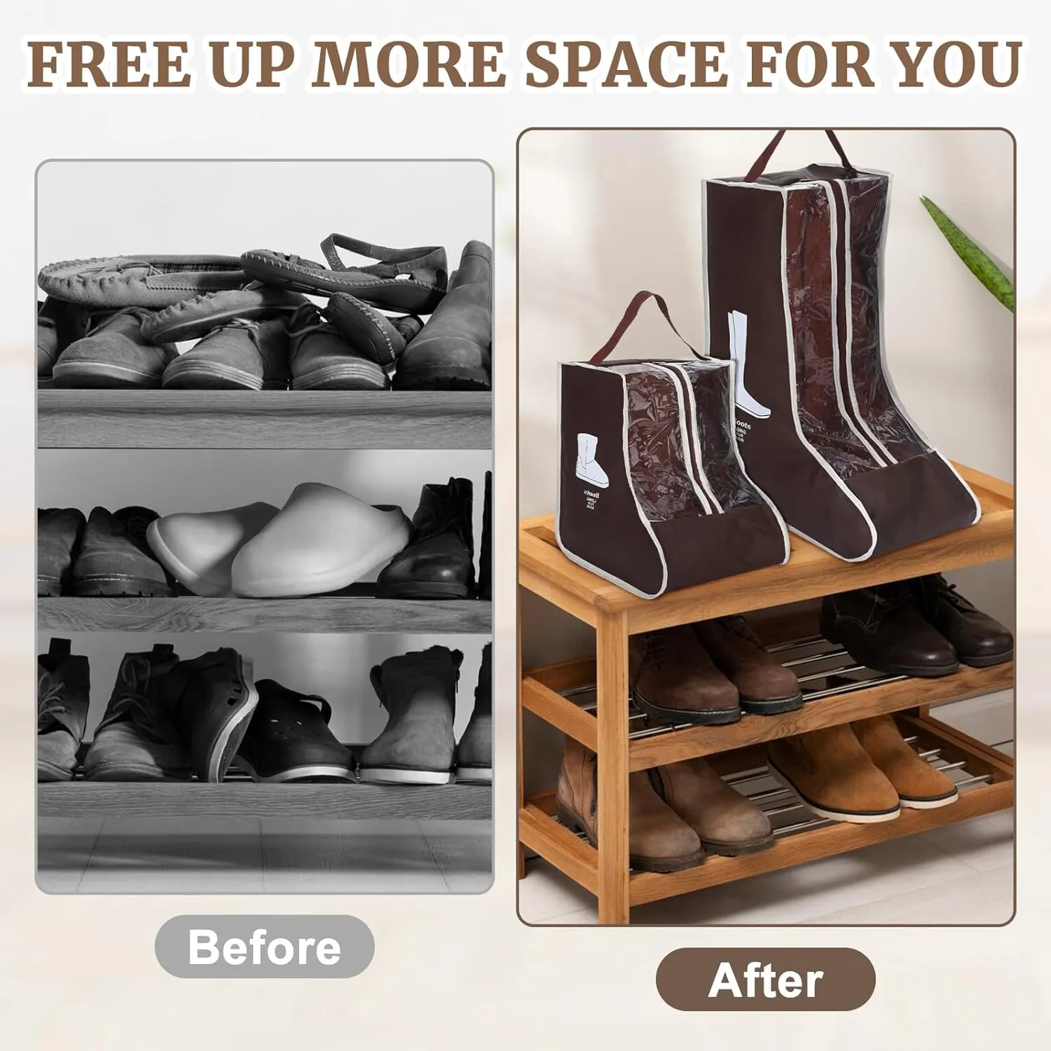 2 Pcs Boot Bags for Cowboy Boots, Visualization Boot Storage Bag, 1 Tall and 1 Short Waterproof Dustproof Portable Suitable for Travel and Daily Use Foldable Leather Shoes Sports Shoes Storage (Brown)