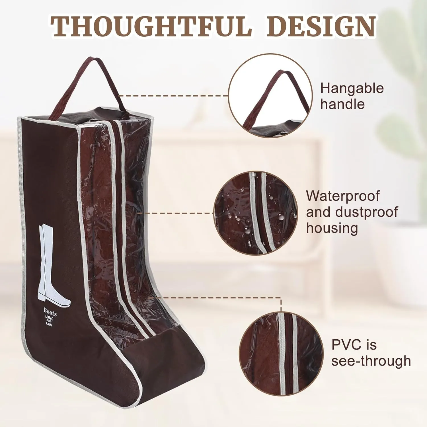 2 Pcs Boot Bags for Cowboy Boots, Visualization Boot Storage Bag, 1 Tall and 1 Short Waterproof Dustproof Portable Suitable for Travel and Daily Use Foldable Leather Shoes Sports Shoes Storage (Brown)