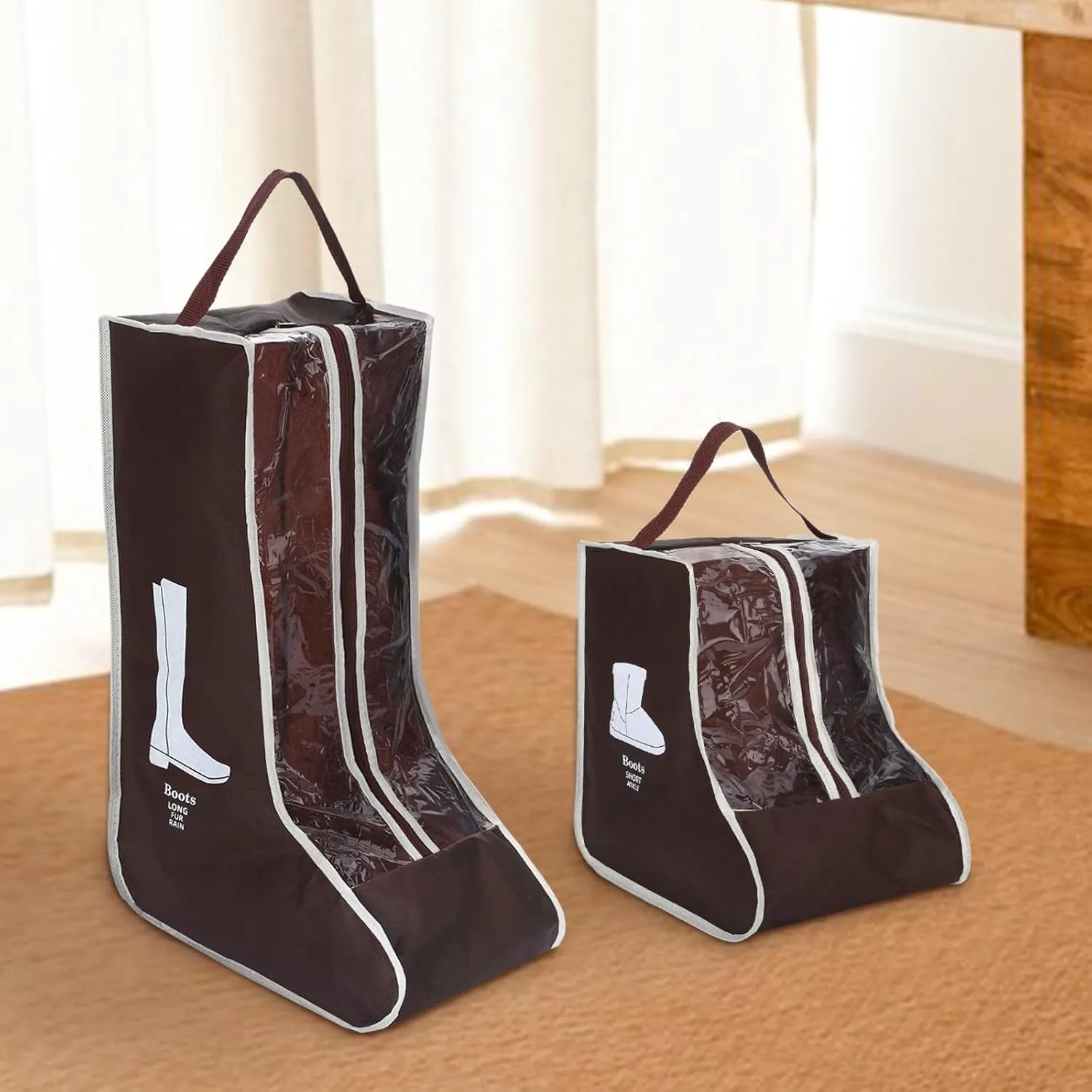 2 Pcs Boot Bags for Cowboy Boots, Visualization Boot Storage Bag, 1 Tall and 1 Short Waterproof Dustproof Portable Suitable for Travel and Daily Use Foldable Leather Shoes Sports Shoes Storage (Brown)