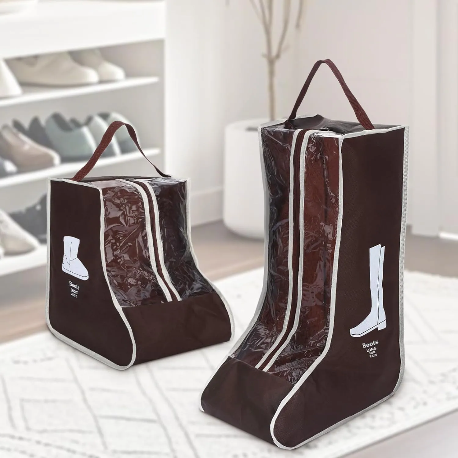 2 Pcs Boot Bags for Cowboy Boots, Visualization Boot Storage Bag, 1 Tall and 1 Short Waterproof Dustproof Portable Suitable for Travel and Daily Use Foldable Leather Shoes Sports Shoes Storage (Brown)