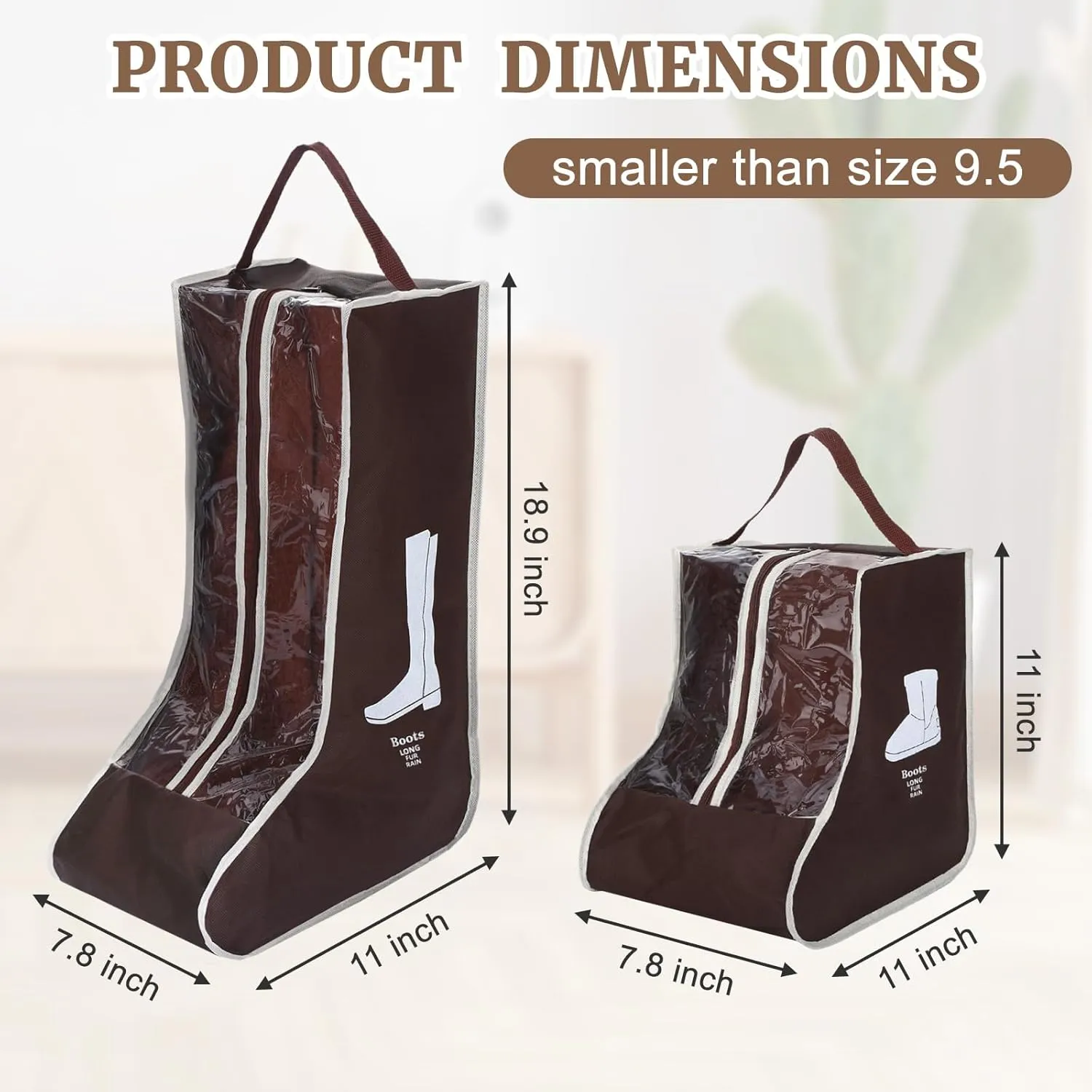 2 Pcs Boot Bags for Cowboy Boots, Visualization Boot Storage Bag, 1 Tall and 1 Short Waterproof Dustproof Portable Suitable for Travel and Daily Use Foldable Leather Shoes Sports Shoes Storage (Brown)