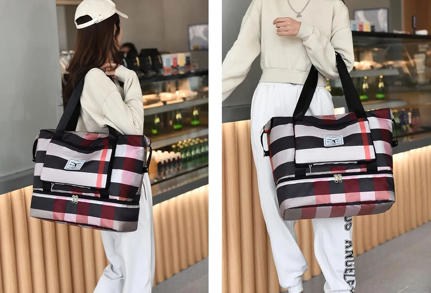2022 New Foldable Dry/Wet Separation Travel Duffel Bag with Shoe Compartment Large Capacity Folding Weekender Overnight Bag Lightweight Waterproof Gym Tote Bag (B-Pink Khaki)