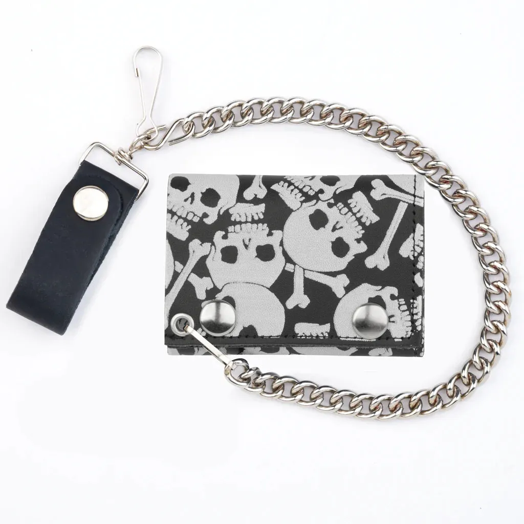 Black Leather Tri-Fold Wallet w/ White Multi-Skull and Crossbones Detail