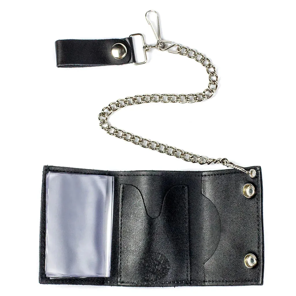 Black Leather Tri-Fold Wallet w/ White Multi-Skull and Crossbones Detail