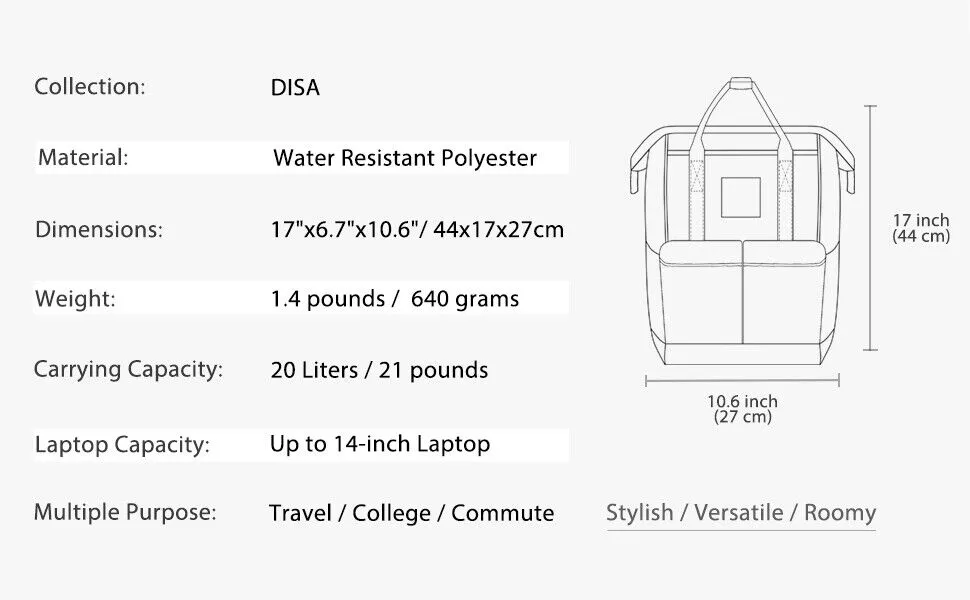 DISA Chic Doctor Bag Style College Backpack Travel Daypack | 17.3x10.6x6.7in
