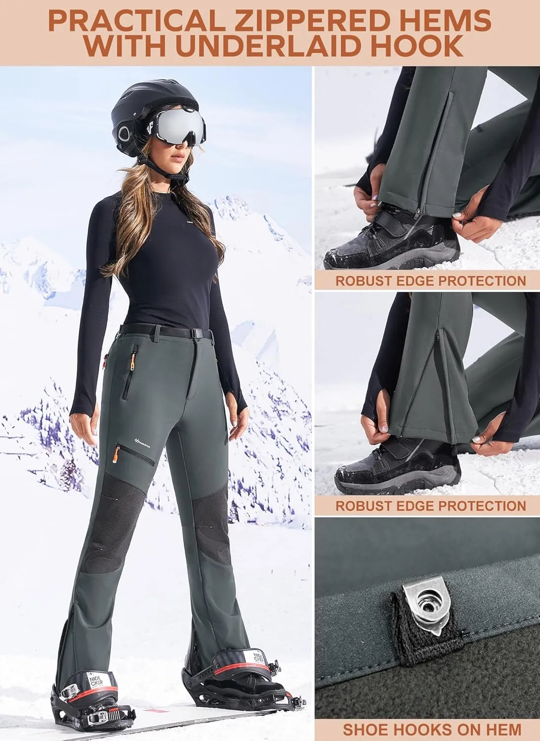 Ewedoos Snow Pants Womens Ski Pants Waterproof Insulate Softhell Fleece Lined Winter Hiking Snowboard Zipper Bottom Leg