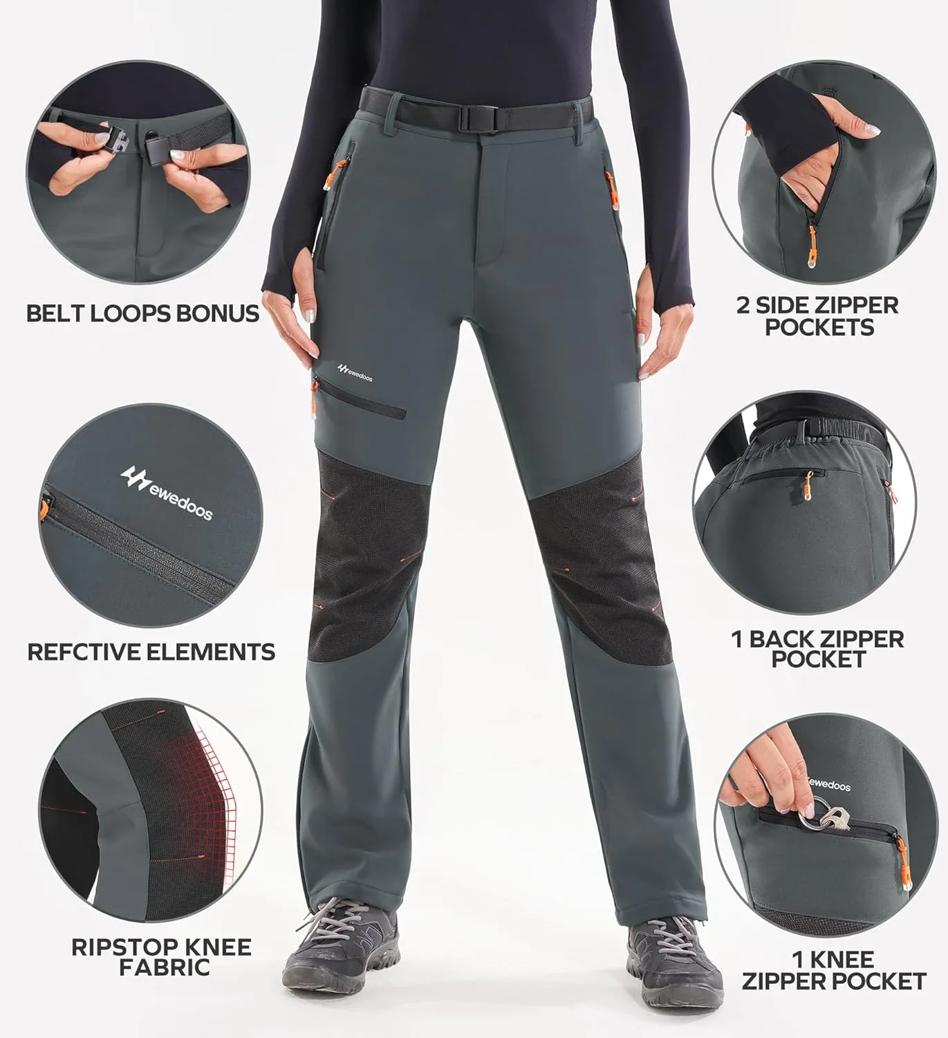 Ewedoos Snow Pants Womens Ski Pants Waterproof Insulate Softhell Fleece Lined Winter Hiking Snowboard Zipper Bottom Leg