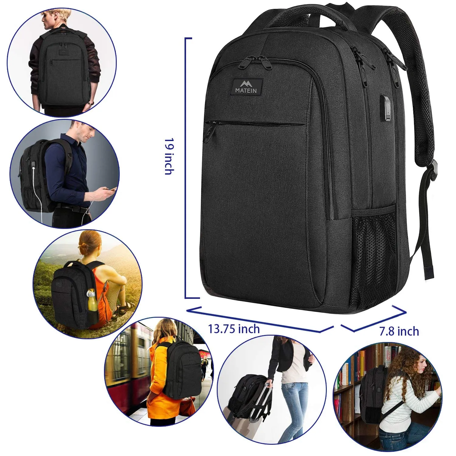 Extra Large Backpack,TSA Friendly College School Bookbags with Laptop Compartment Fit 17Inch Notebook for Boy & Girl,Anti Theft USB Travel Work Rucksack with Luggage Sleeve-Black, Matein