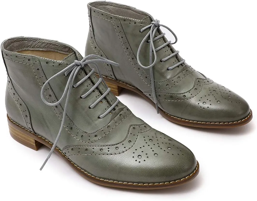 Mona flying Women's Leather Lace-up Wingtip Oxfords Brogue Boots Ankle High Vintage Tie up Booties Ladies Low Heel Short Boots