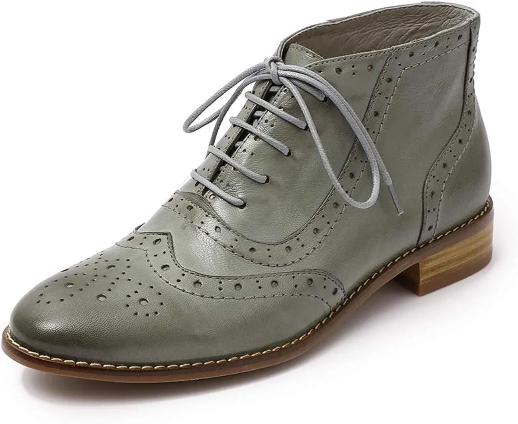 Mona flying Women's Leather Lace-up Wingtip Oxfords Brogue Boots Ankle High Vintage Tie up Booties Ladies Low Heel Short Boots