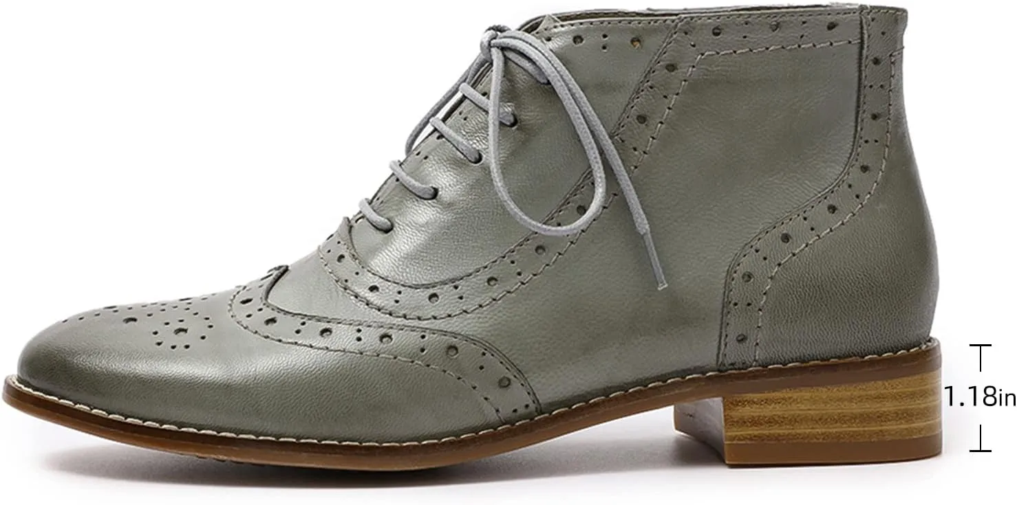 Mona flying Women's Leather Lace-up Wingtip Oxfords Brogue Boots Ankle High Vintage Tie up Booties Ladies Low Heel Short Boots