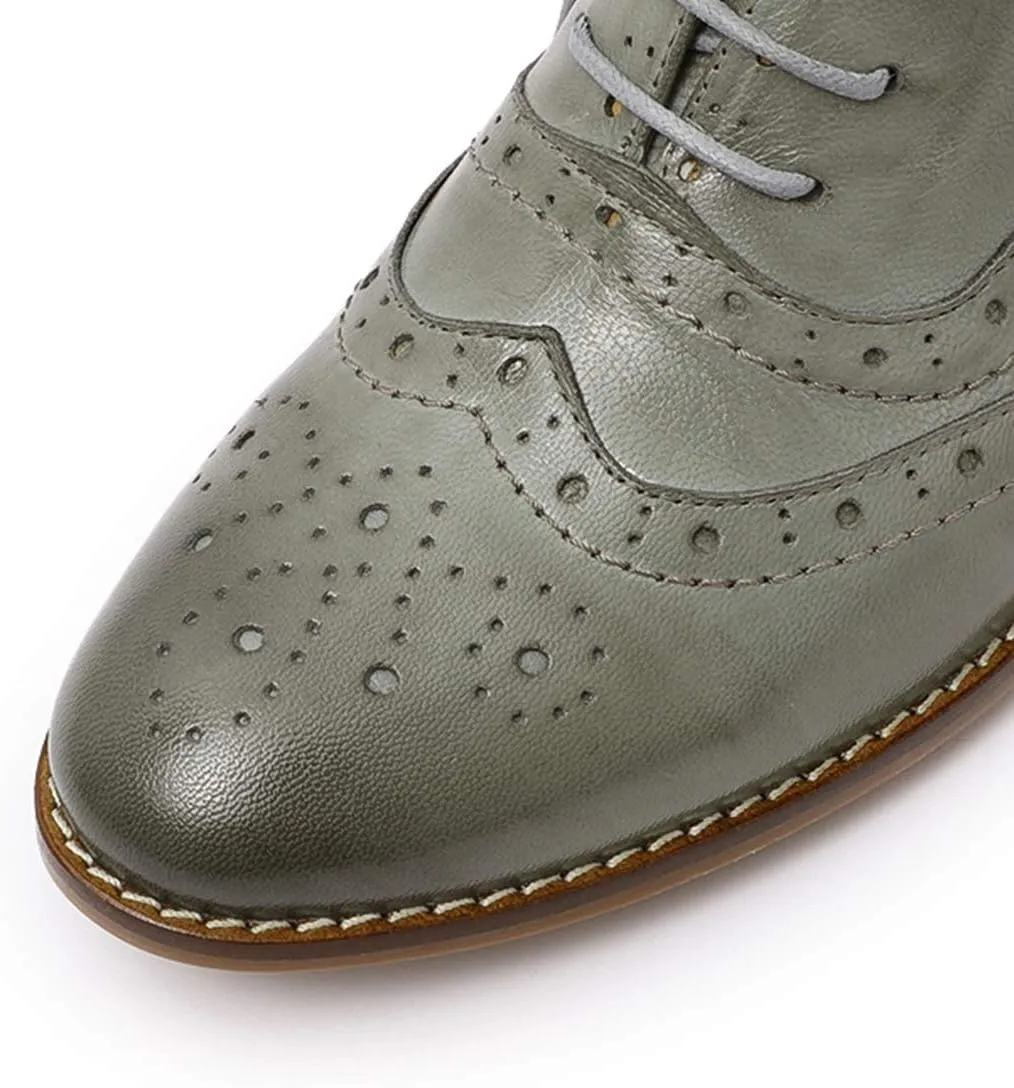Mona flying Women's Leather Lace-up Wingtip Oxfords Brogue Boots Ankle High Vintage Tie up Booties Ladies Low Heel Short Boots