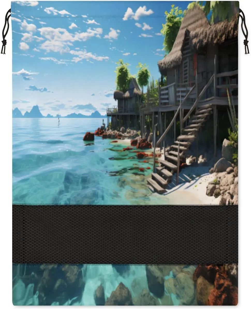 Ocean Beach Summer Print Shoe Bag for Travel Foldable Sport Shoe Storage Packing Organizer Golf Gym Dance Pointe Shoe Bags With Zipper Unisex Shoe Pouch For Men & Women