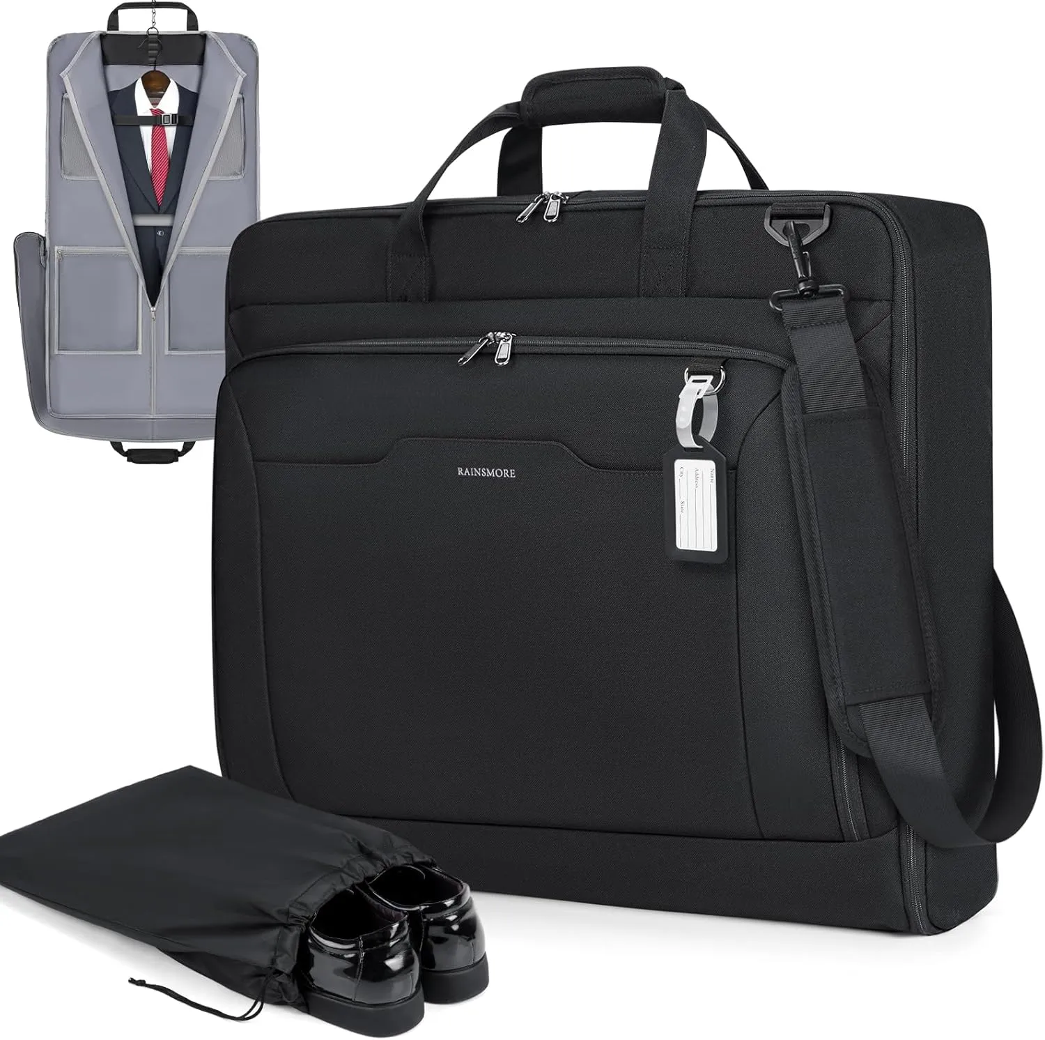 RAINSMORE Garment Bags for Travel Carry On Garment Bag for Hanging Clothes, Suit Bag for Business Trips with Shoes bag & Shoulder Strap, Waterproof Foldable Suit Luggage Bag for Men Women, Black