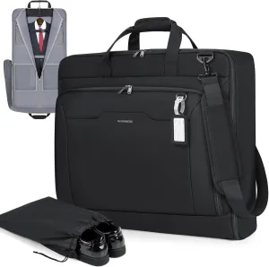 RAINSMORE Garment Bags for Travel Carry On Garment Bag for Hanging Clothes, Suit Bag for Business Trips with Shoes bag & Shoulder Strap, Waterproof Foldable Suit Luggage Bag for Men Women, Black