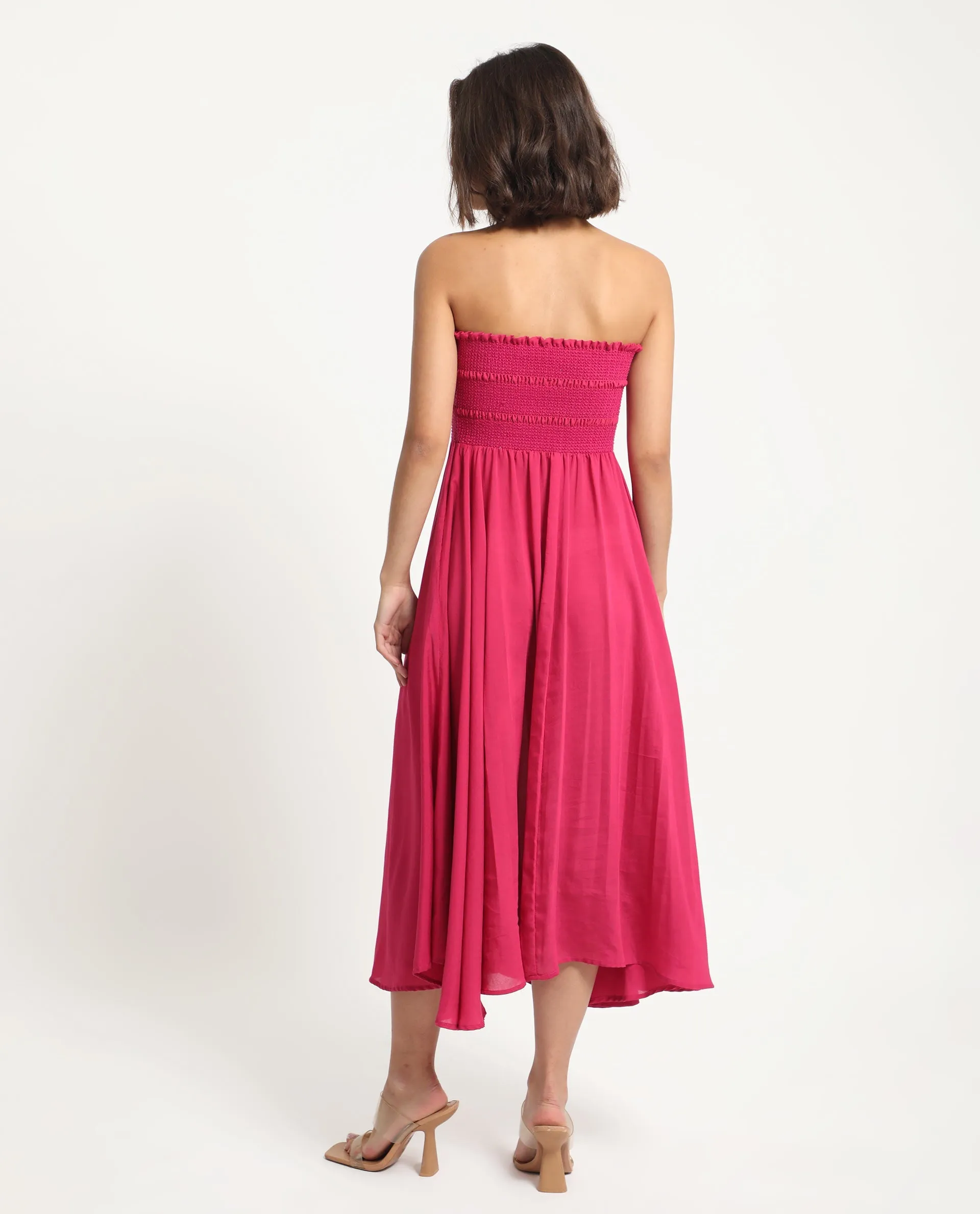 Rareism Women Sperb Dark Pink Viscose Nylon Fabric Sleeveless Tube Neck Shoulder Straps Fit And Flare Plain Knee Length Empire Dress