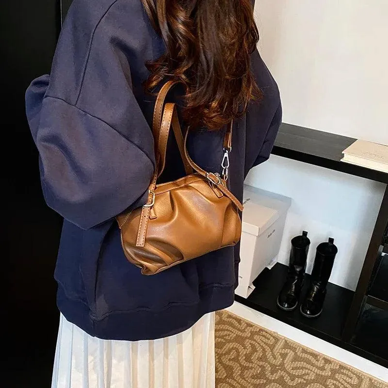 Small Buckets Bags Leather Pleated Belt Buckle Women Soft Zipper Handbags