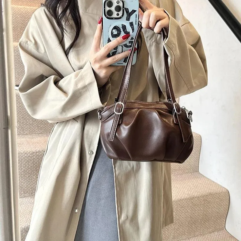 Small Buckets Bags Leather Pleated Belt Buckle Women Soft Zipper Handbags