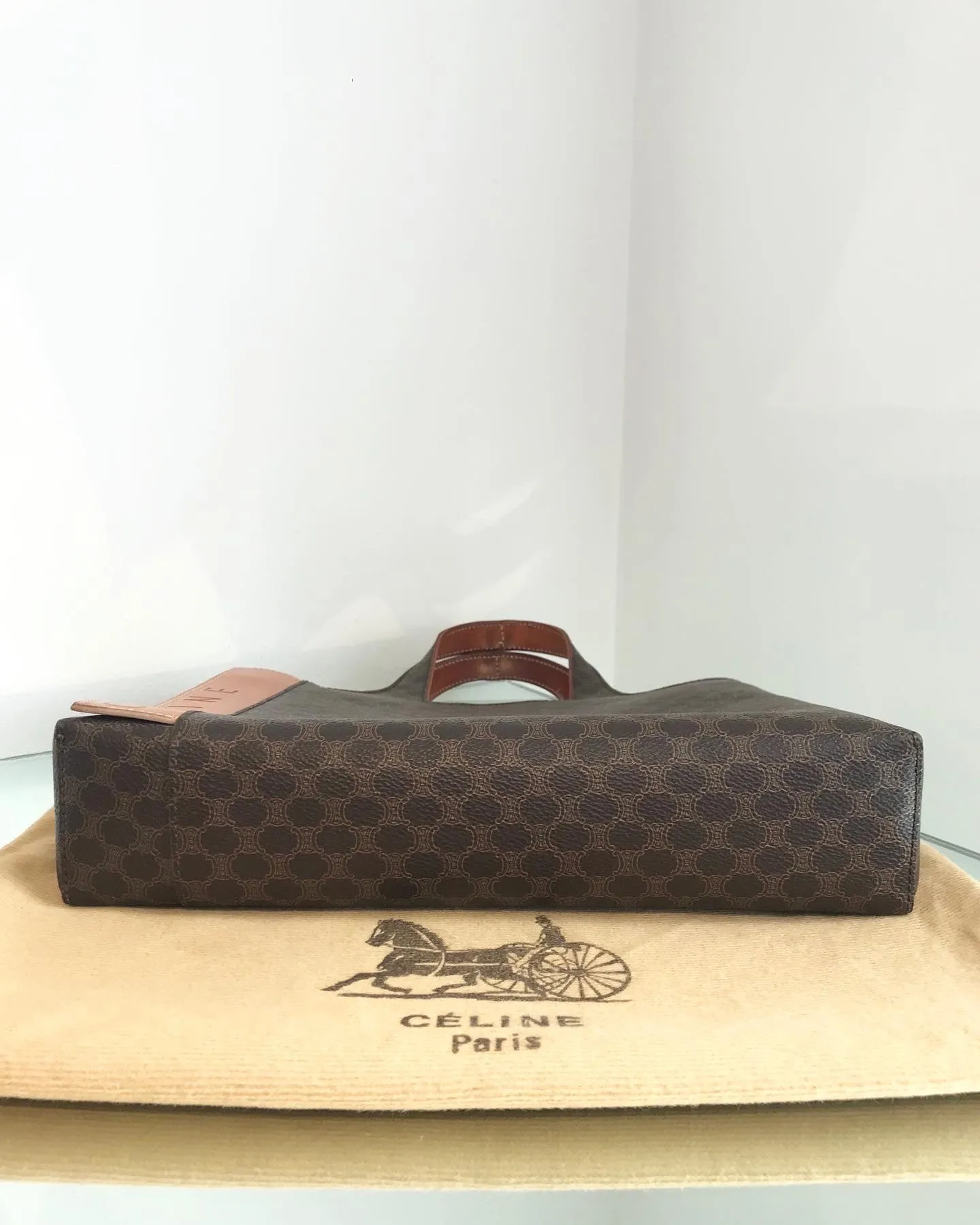 Vintage CELINE Brown Macadam Canvas Leather Handle Bag