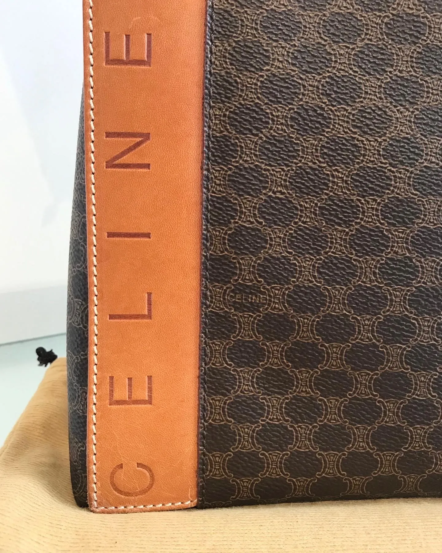 Vintage CELINE Brown Macadam Canvas Leather Handle Bag