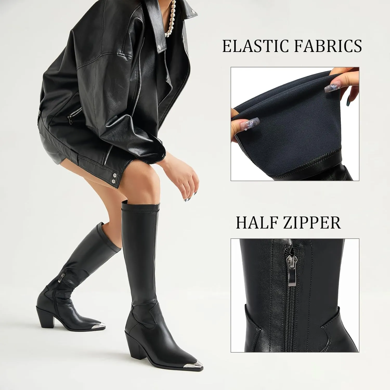 Women Knee High Boots Leather PU Stretch Slim Calf Block Chunky Heel Metal Pointed Toe Cowboy Dressy Tall Boots