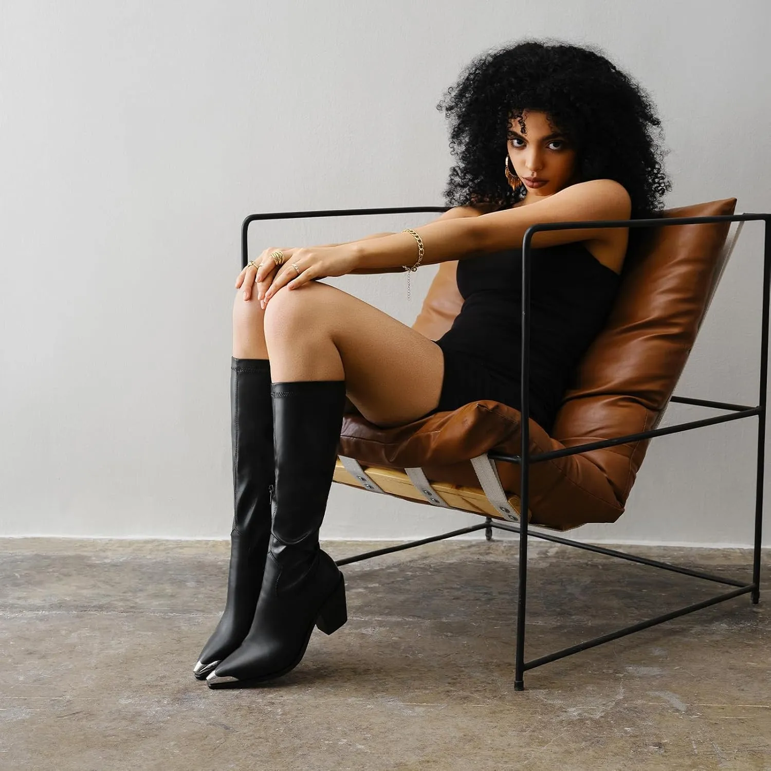 Women Knee High Boots Leather PU Stretch Slim Calf Block Chunky Heel Metal Pointed Toe Cowboy Dressy Tall Boots