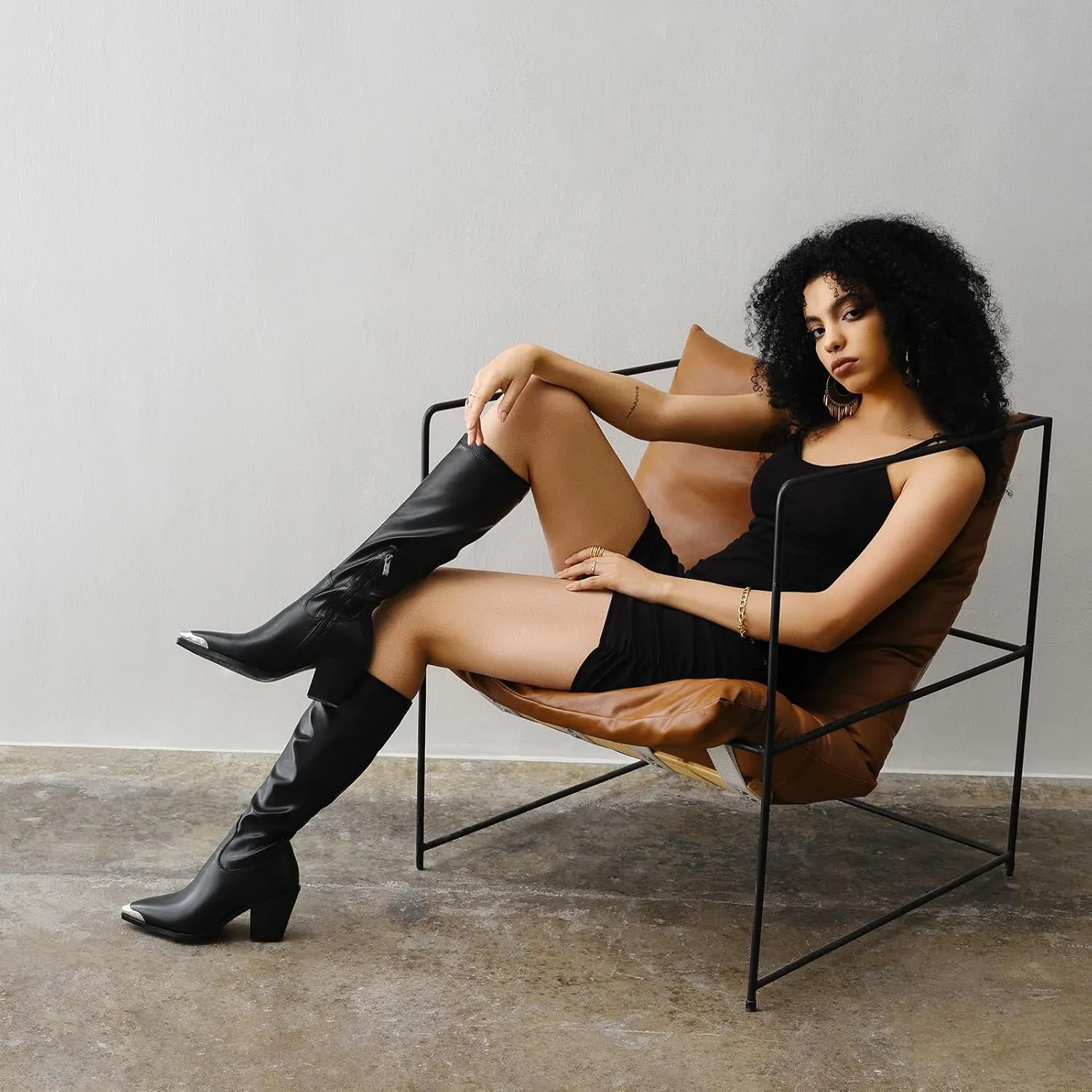 Women Knee High Boots Leather PU Stretch Slim Calf Block Chunky Heel Metal Pointed Toe Cowboy Dressy Tall Boots