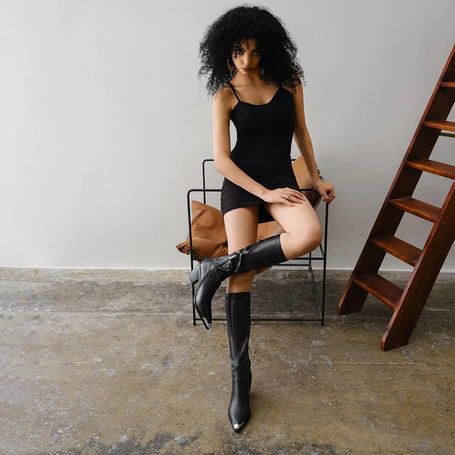Women Knee High Boots Leather PU Stretch Slim Calf Block Chunky Heel Metal Pointed Toe Cowboy Dressy Tall Boots