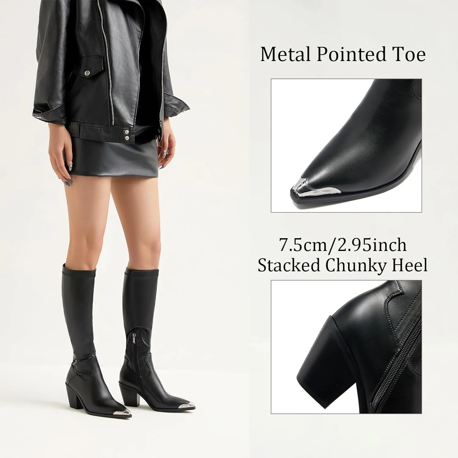 Women Knee High Boots Leather PU Stretch Slim Calf Block Chunky Heel Metal Pointed Toe Cowboy Dressy Tall Boots