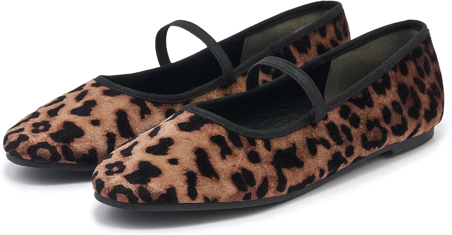 Women's Elastic Leather Ballet Flats Round-Toe Slim Strap Ballerina Shoes Comfortable Mary Jane Flat Shoe