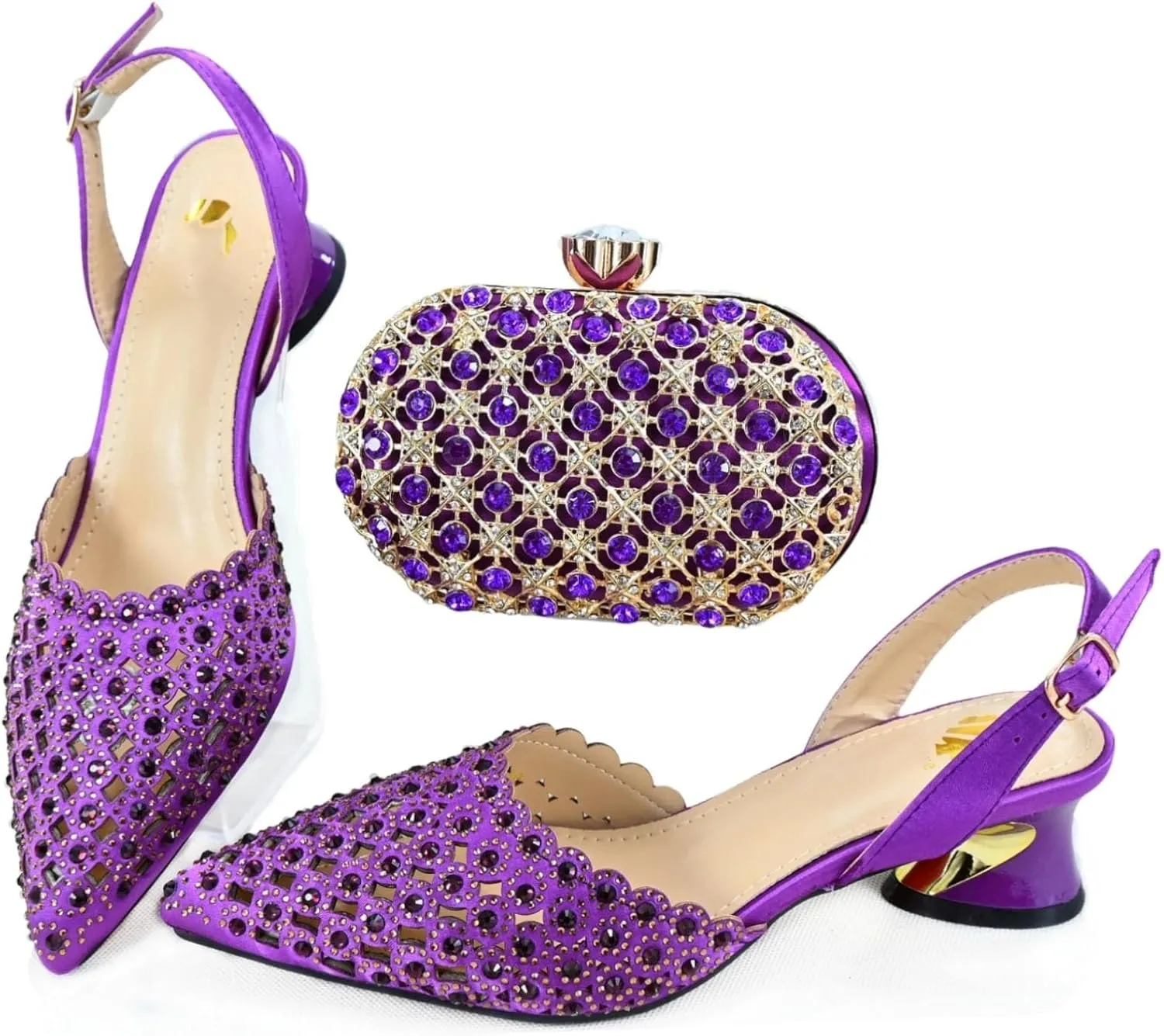 Womens Gold Evening Shoes and Bag Set Rhinestone Wedding Party Pumps Luxury Beaded Sequin Bridal Accessories