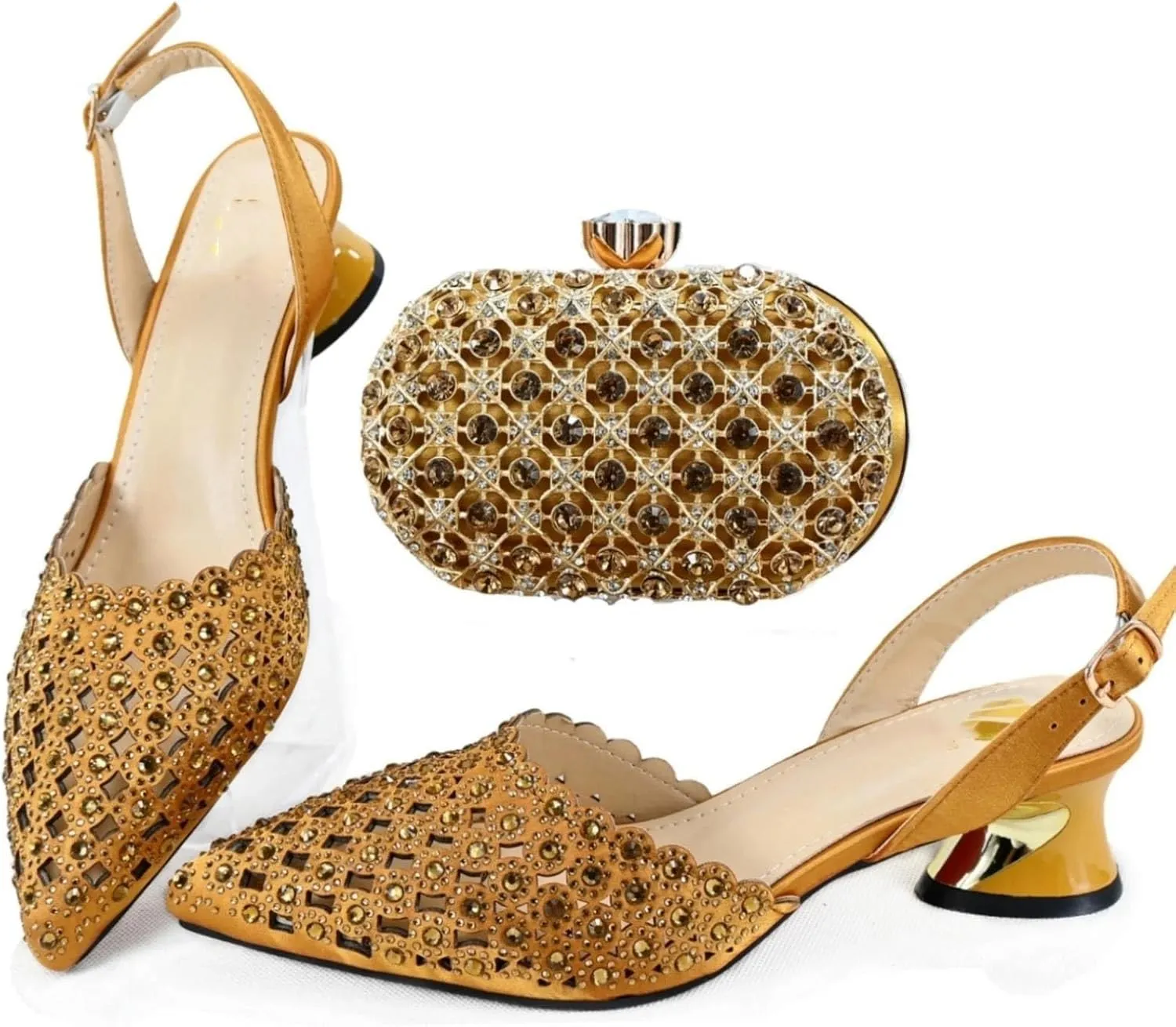 Womens Gold Evening Shoes and Bag Set Rhinestone Wedding Party Pumps Luxury Beaded Sequin Bridal Accessories