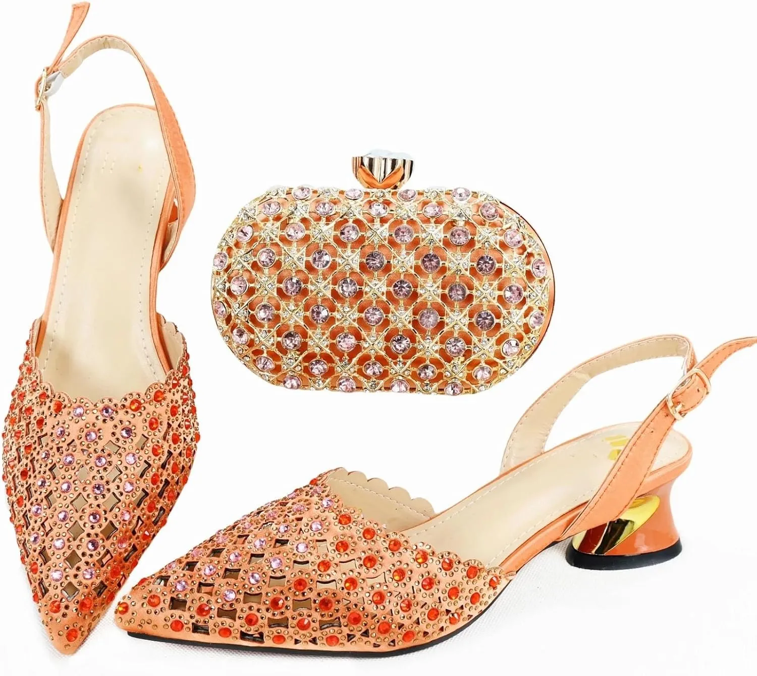Womens Gold Evening Shoes and Bag Set Rhinestone Wedding Party Pumps Luxury Beaded Sequin Bridal Accessories