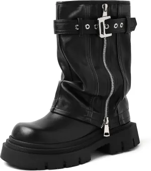YIYA Women's Platform Fold Over Biker Mid Calf Boots Belt Buckle Square Toe Chunky Heel Zipper Short Boots Motorcycle Ankle Combat Boots