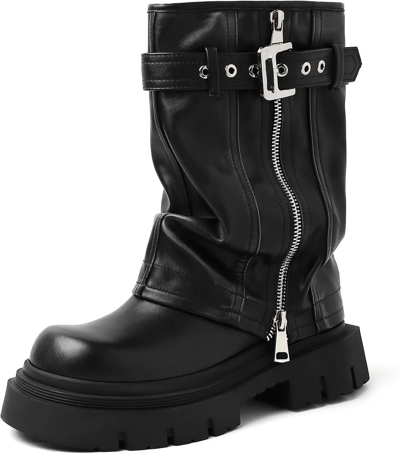 YIYA Women's Platform Fold Over Biker Mid Calf Boots Belt Buckle Square Toe Chunky Heel Zipper Short Boots Motorcycle Ankle Combat Boots